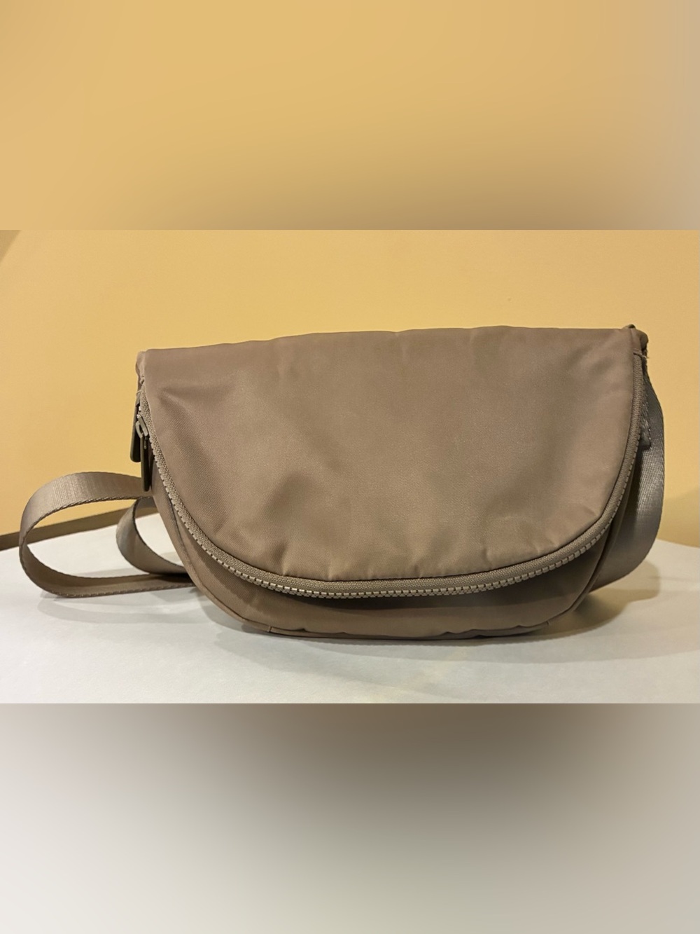Lole Crossbody Fold Over Zip Top Back Pocket Adjustable Logo Strap Tan